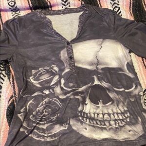 Dark Skull and Rose Graphic Henley